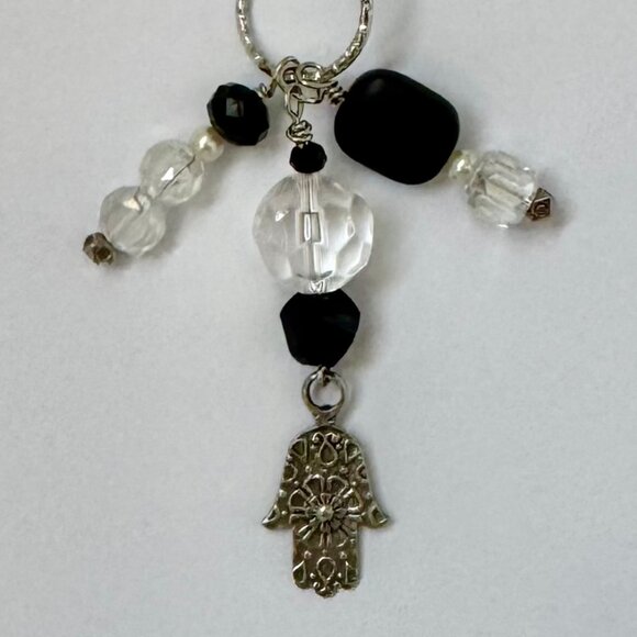 Necklace handmade 3 tier dangle silvertone hamsa clear black glass/beads OOAK - Picture 9 of 9